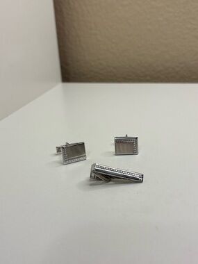 Vintage Silver Tone Cufflink & Tie Clip Set Geometric Beaded Formal Men’s Set